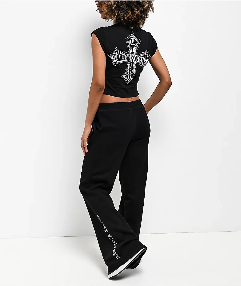 True Religion Crystal Cross Black Notch Crop T-Shirt