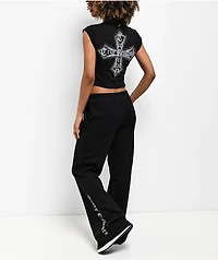 True Religion Crystal Cross Black Notch Crop T-Shirt