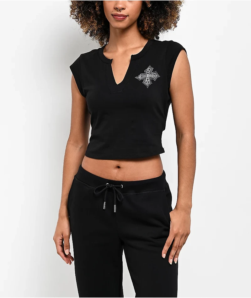 True Religion Crystal Cross Black Notch Crop T-Shirt