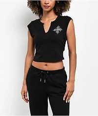 True Religion Crystal Cross Black Notch Crop T-Shirt