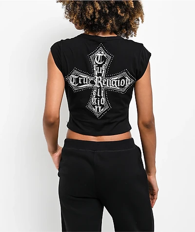 True Religion Crystal Cross Black Notch Crop T-Shirt