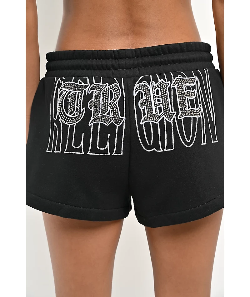 True Religion Crystal Embroidered Black Sweat Shorts