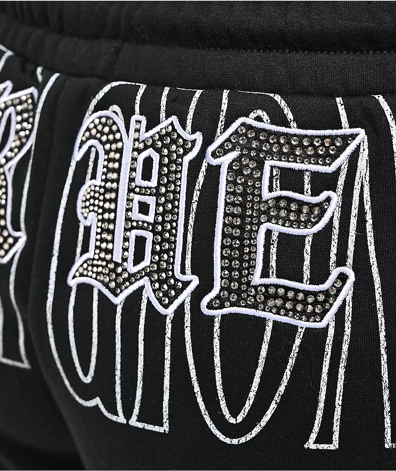 True Religion Crystal Embroidered Black Sweat Shorts