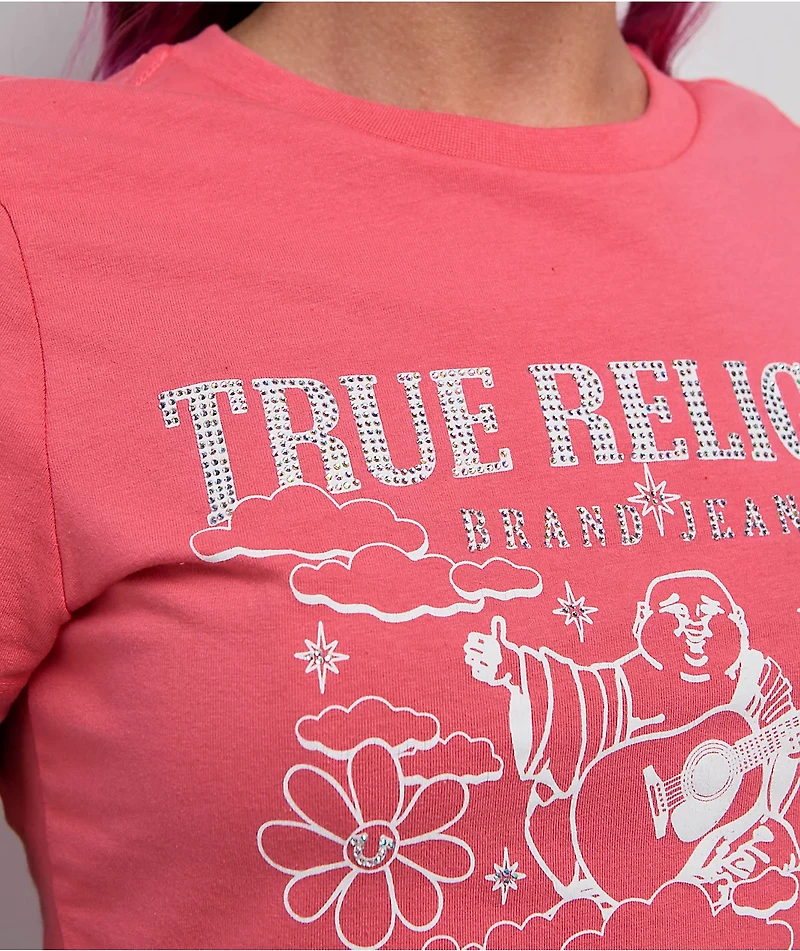True Religion Crystal Groovy Buddha  Sun Kissed Coral Crop T-Shirt