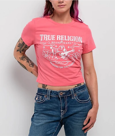 True Religion Crystal Groovy Buddha  Sun Kissed Coral Crop T-Shirt