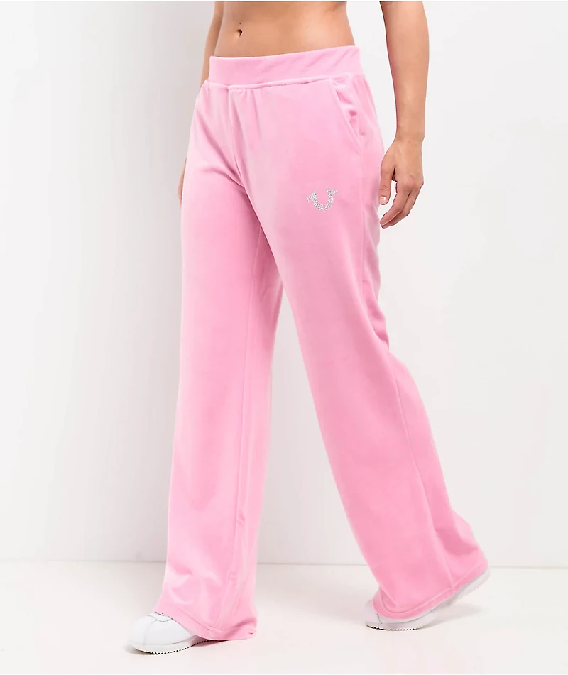 True Religion Crystal Horseshoe Pink Velour Track Pants