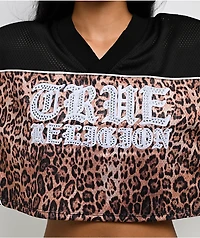 True Religion Crystal Leopard Brown Boxy Crop Jersey