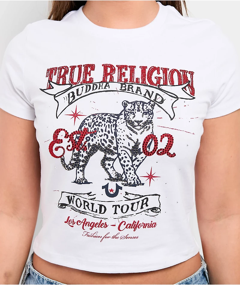 True Religion Crystal Leopard White Crop T-Shirt