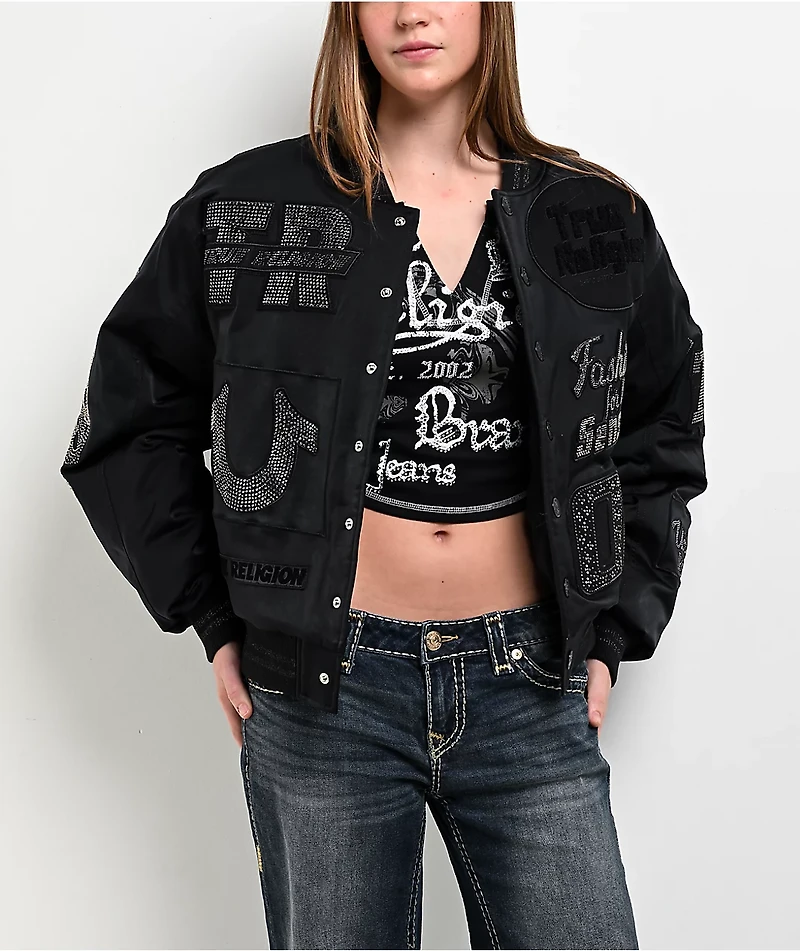 True Religion Crystal Logo Black Bomber Jacket