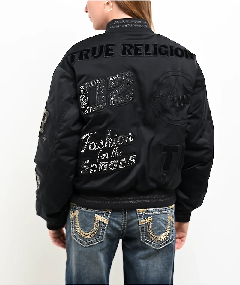 True Religion Crystal Logo Black Bomber Jacket
