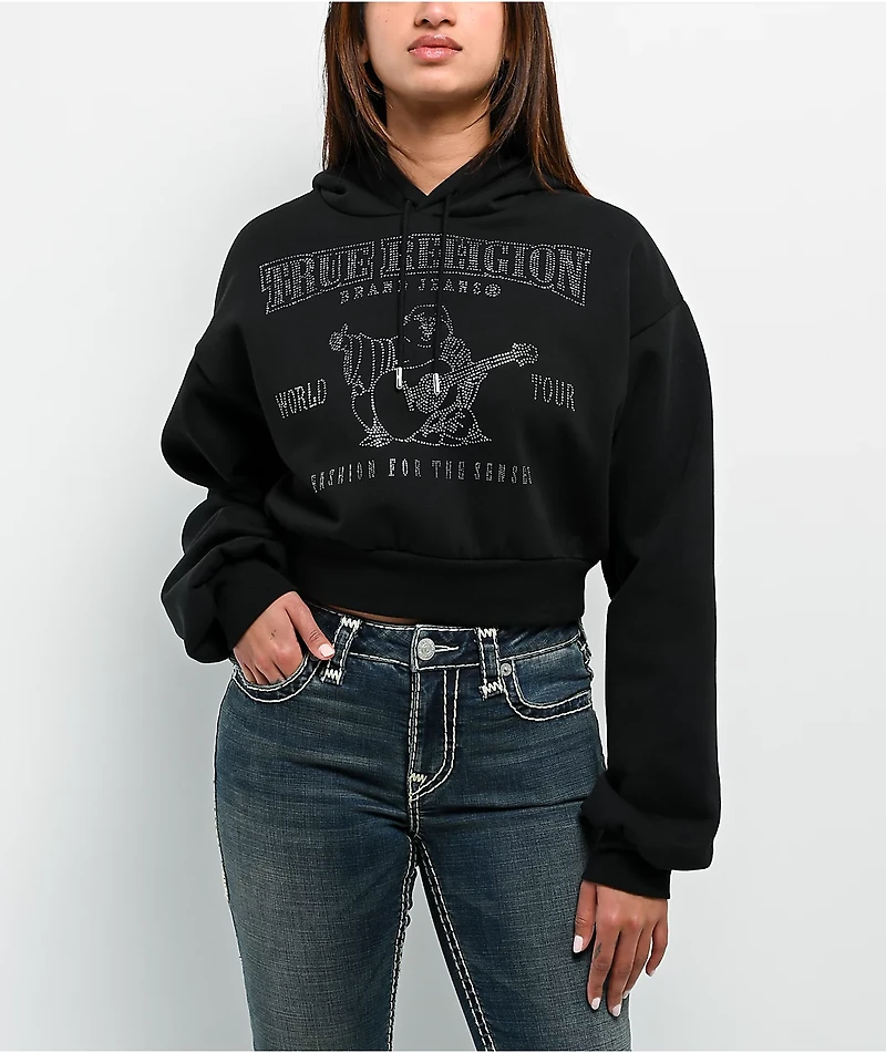 True Religion Crystal Logo Black Crop Hoodie