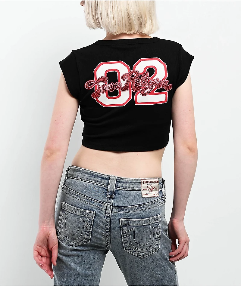 True Religion Crystal Logo Black Notch Rib Crop T-Shirt
