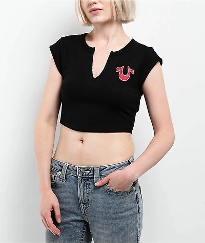 True Religion Crystal Logo Black Notch Rib Crop T-Shirt