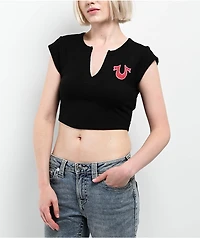 True Religion Crystal Logo Black Notch Rib Crop T-Shirt