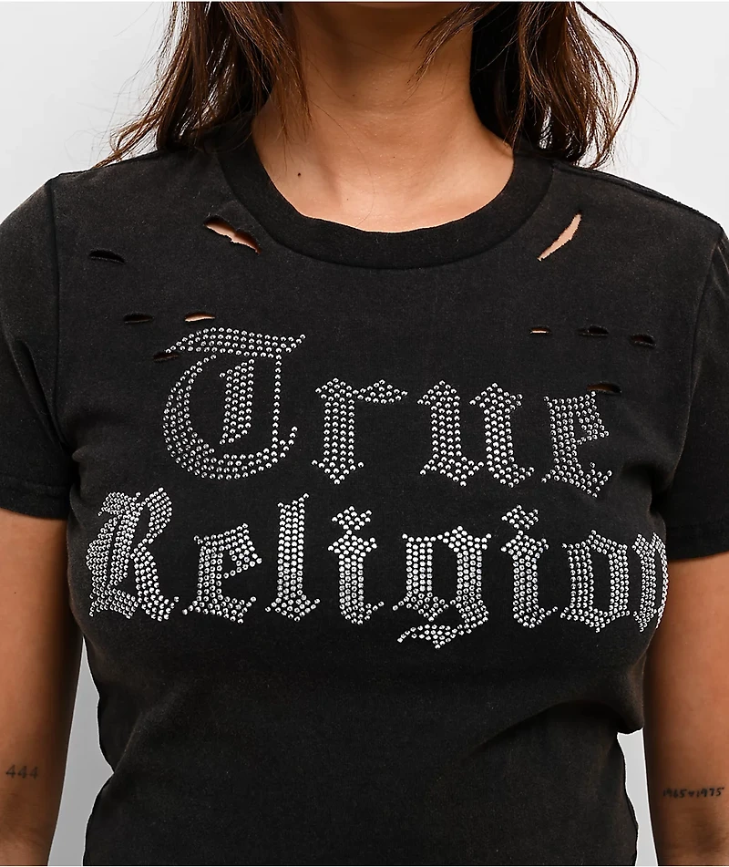 True Religion Crystal Logo Distressed Black Wash T-Shirt