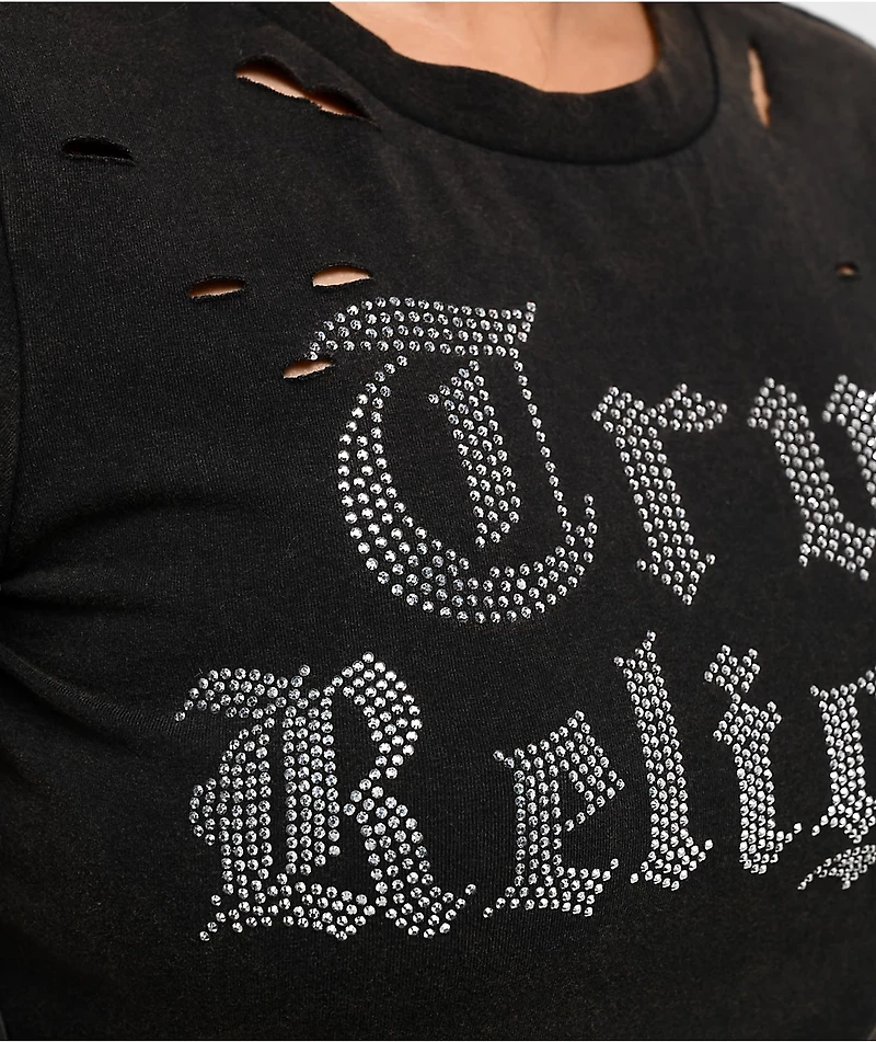 True Religion Crystal Logo Distressed Black Wash T-Shirt