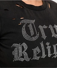 True Religion Crystal Logo Distressed Black Wash T-Shirt