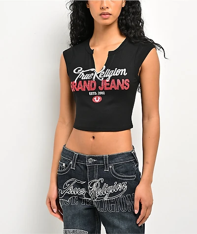 True Religion Crystal Logo Notch Rib Crop T-Shirt