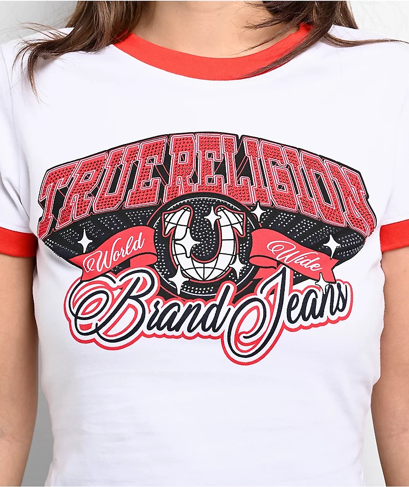 True Religion Crystal Logo White & Red Ringer Crop T-Shirt