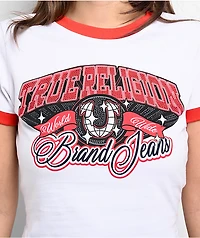 True Religion Crystal Logo White & Red Ringer Crop T-Shirt