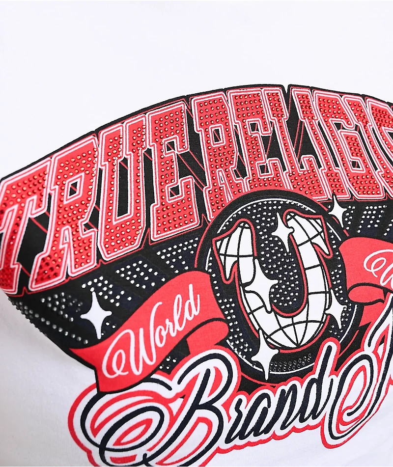 True Religion Crystal Logo White & Red Ringer Crop T-Shirt