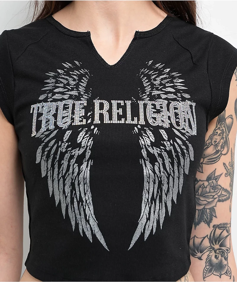 True Religion Crystal Logo Winged Notch Rib Crop T-Shirt