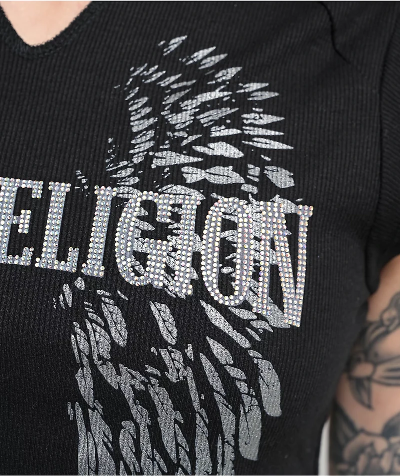 True Religion Crystal Logo Winged Notch Rib Crop T-Shirt