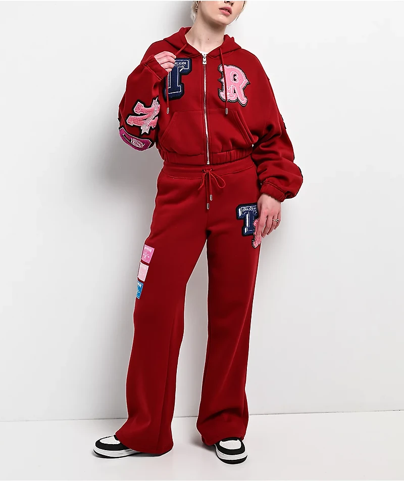 True Religion Crystal Patch Shrunken Red Crop Zip Hoodie