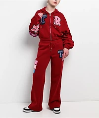 True Religion Crystal Patch Shrunken Red Crop Zip Hoodie