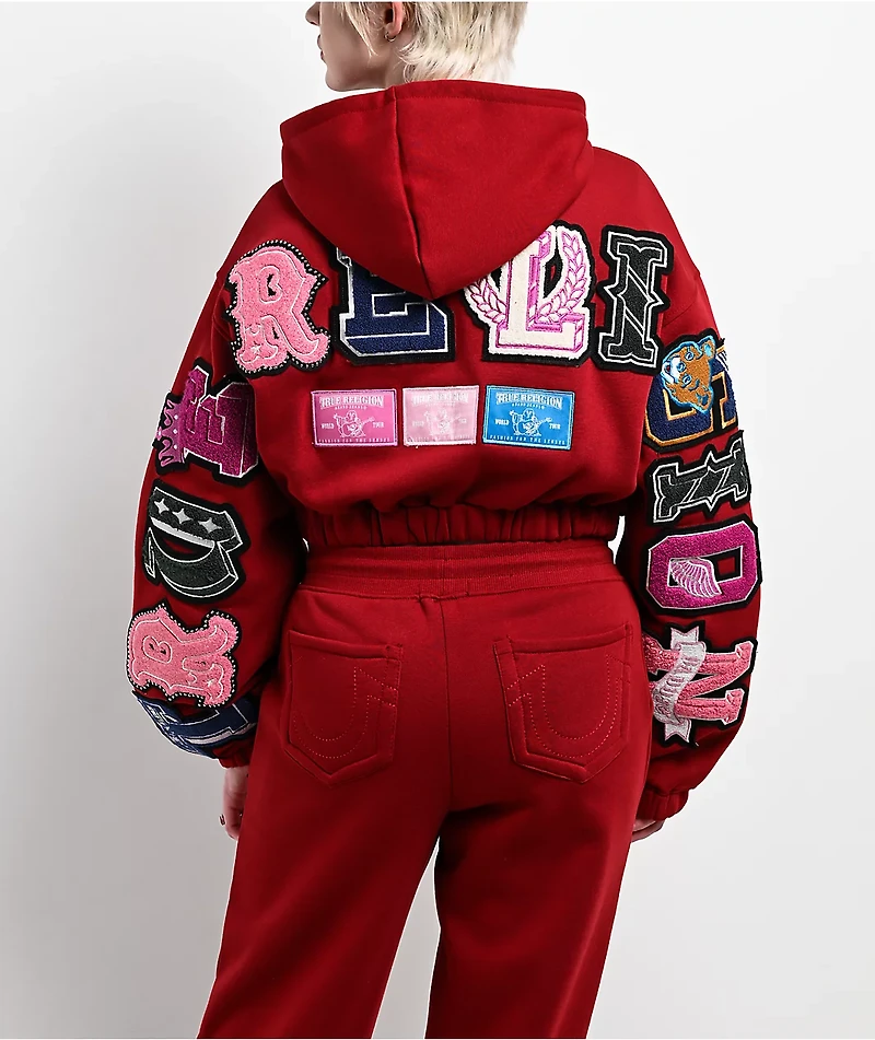 True Religion Crystal Patch Shrunken Red Crop Zip Hoodie