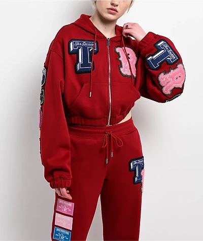 True Religion Crystal Patch Shrunken Red Crop Zip Hoodie