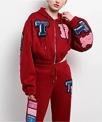 True Religion Crystal Patch Shrunken Red Crop Zip Hoodie