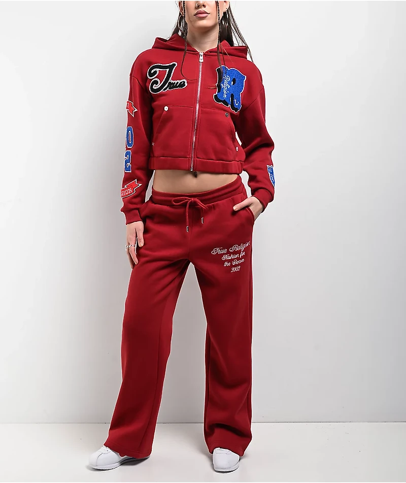 True Religion Crystal Patch Varsity Red Dahlia Crop Zip Hoodie