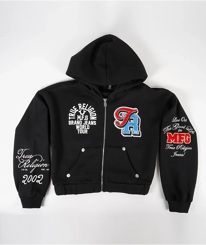 True Religion Crystal Patched Black Zip Hoodie