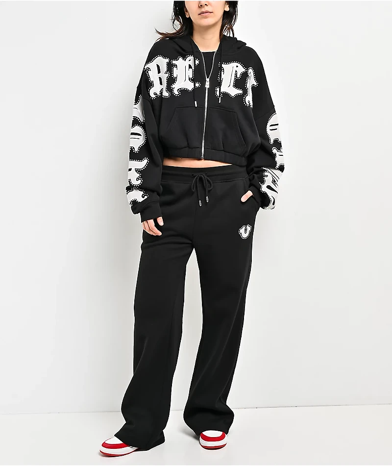 True Religion Crystal Patched Up Black Crop Zip Hoodie