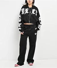True Religion Crystal Patched Up Black Crop Zip Hoodie