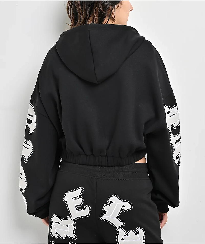True Religion Crystal Patched Up Black Crop Zip Hoodie