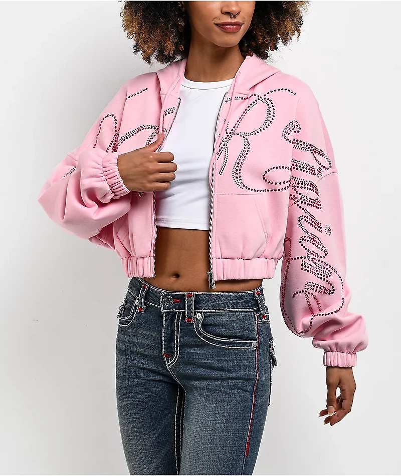 True Religion Crystal Pink Crop Zip Hoodie