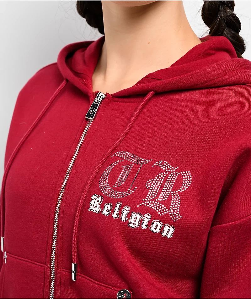 True Religion Crystal Relaxed Red Crop Zip Hoodie