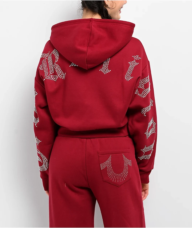 True Religion Crystal Relaxed Red Crop Zip Hoodie