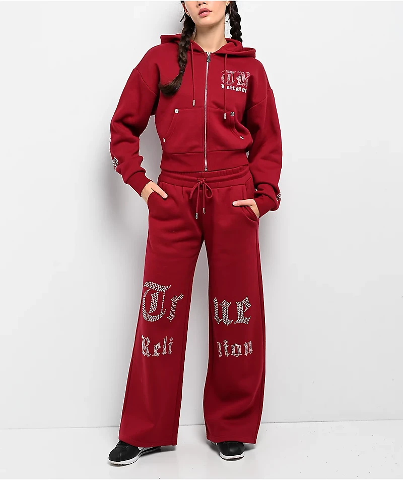 True Religion Crystal Relaxed Red Crop Zip Hoodie