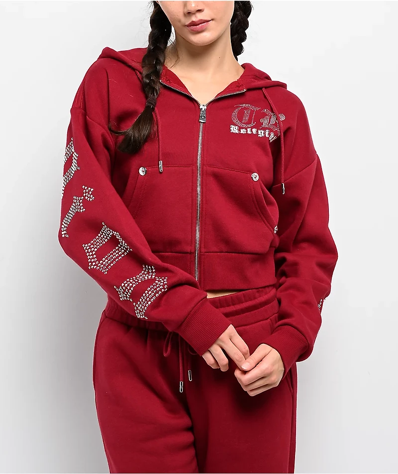 True Religion Crystal Relaxed Red Crop Zip Hoodie