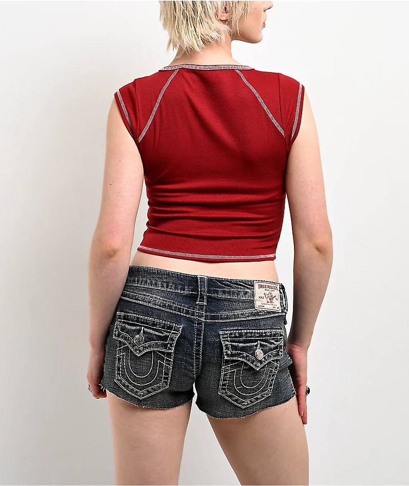 True Religion Crystal Ribbed V Notch Red Crop T-Shirt