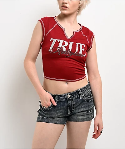 True Religion Crystal Ribbed V Notch Red Crop T-Shirt
