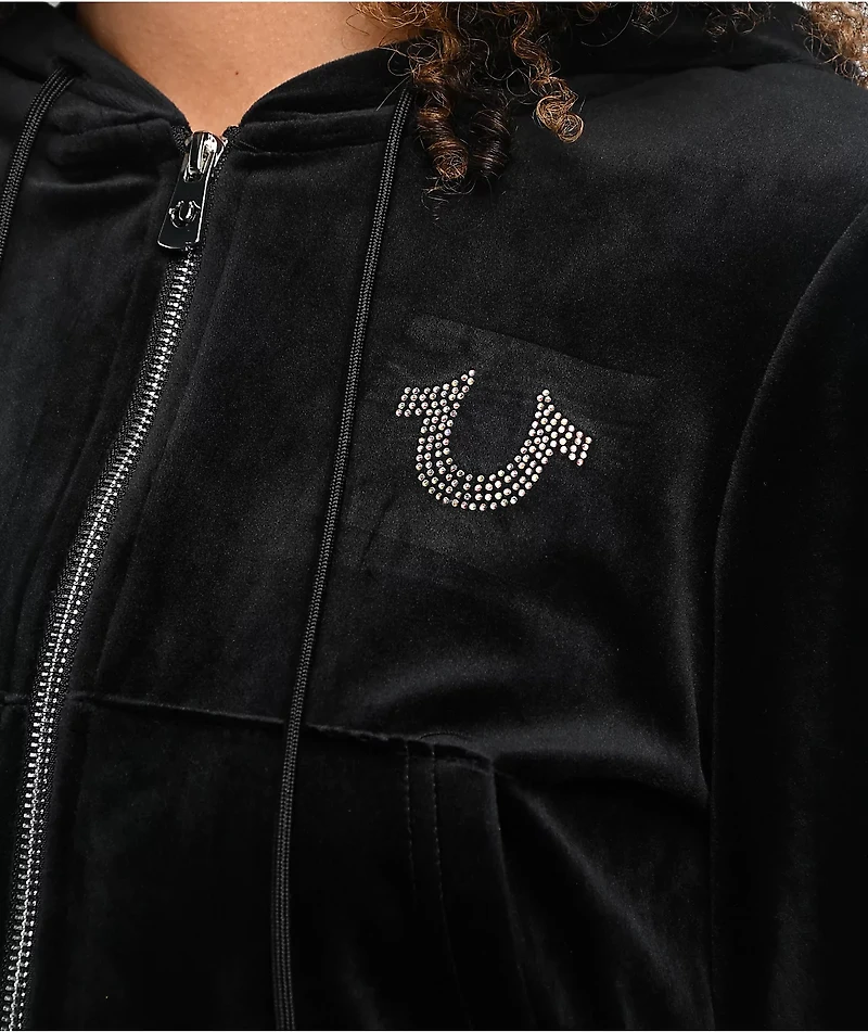 True Religion Crystal Shrunken Black Velour Zip Hoodie