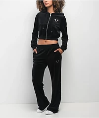 True Religion Crystal Shrunken Black Velour Zip Hoodie