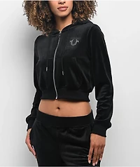 True Religion Crystal Shrunken Black Velour Zip Hoodie