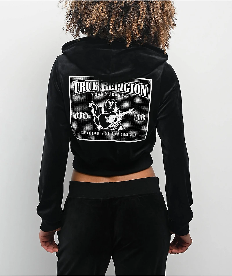 True Religion Crystal Shrunken Black Velour Zip Hoodie