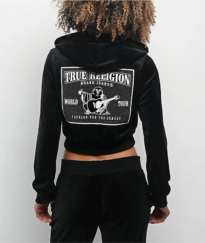 True Religion Crystal Shrunken Black Velour Zip Hoodie