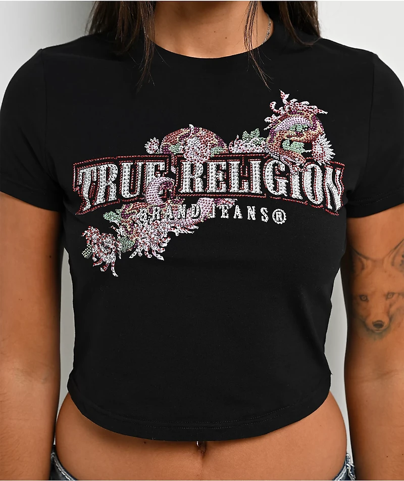 True Religion Crystal Snake Black Crop T-Shirt